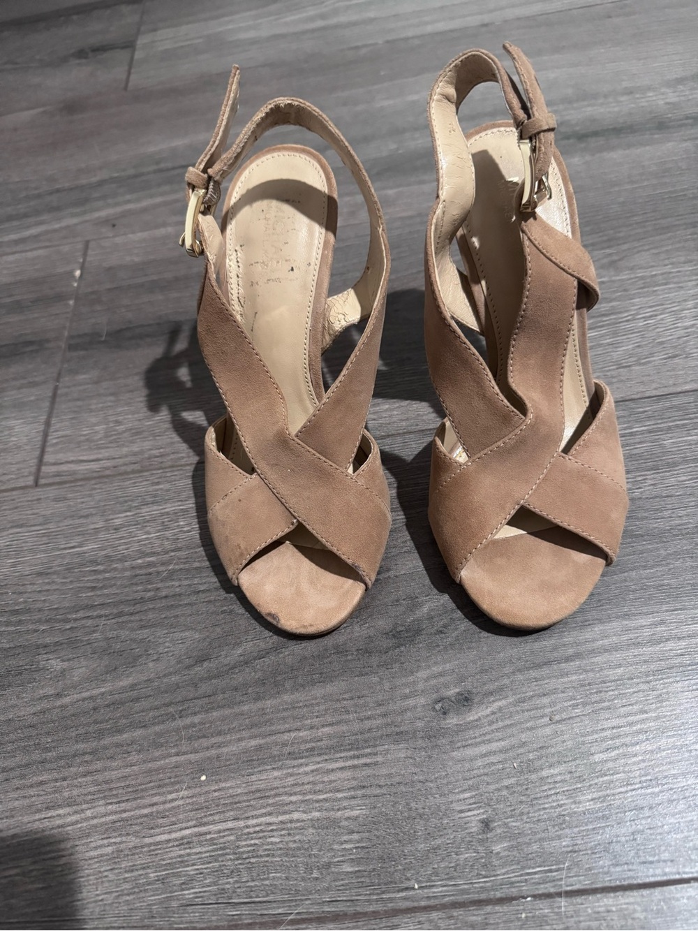 Michael Kors Tan Suede Crisscross Wedge Sandals
